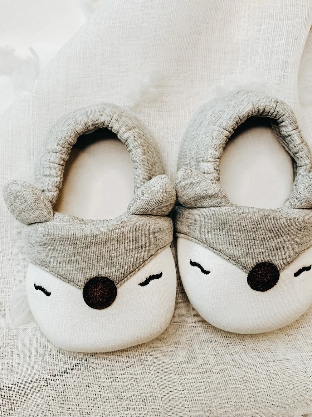 Grey Fox Plush Baby Shoes - Soft Slip-On Kids Slippers